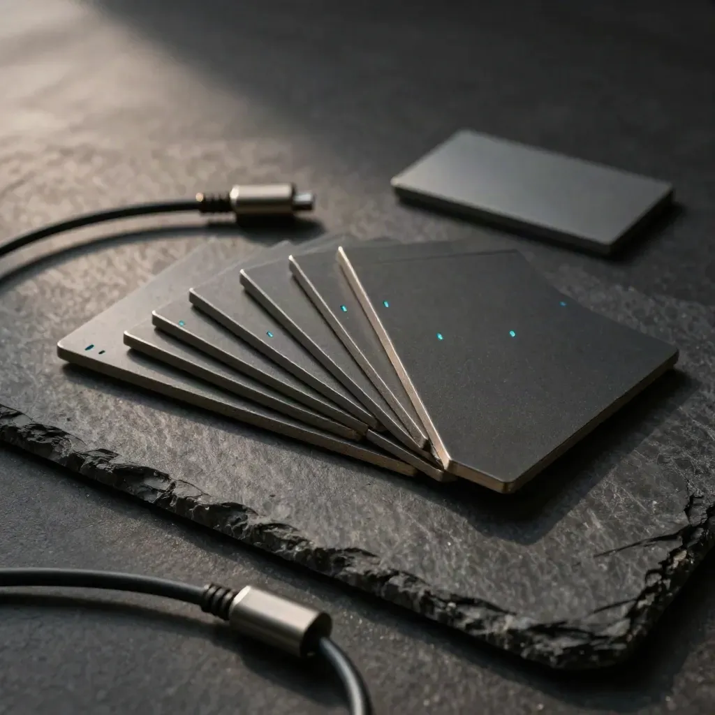 Alert tiles, relay puck, and coiled strand on graphite with faint cyan signal glow.