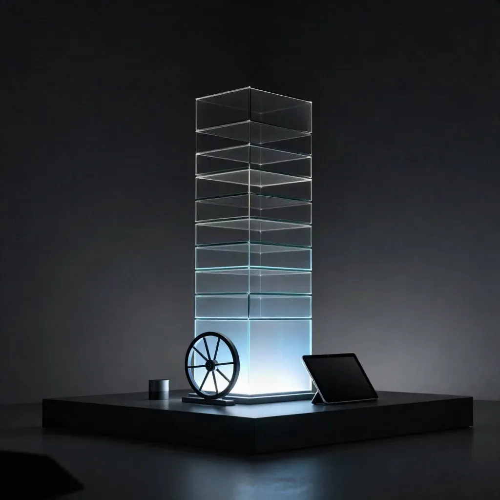 Glass analytics tower with a companion tablet glows blue on a matte-black studio plinth.