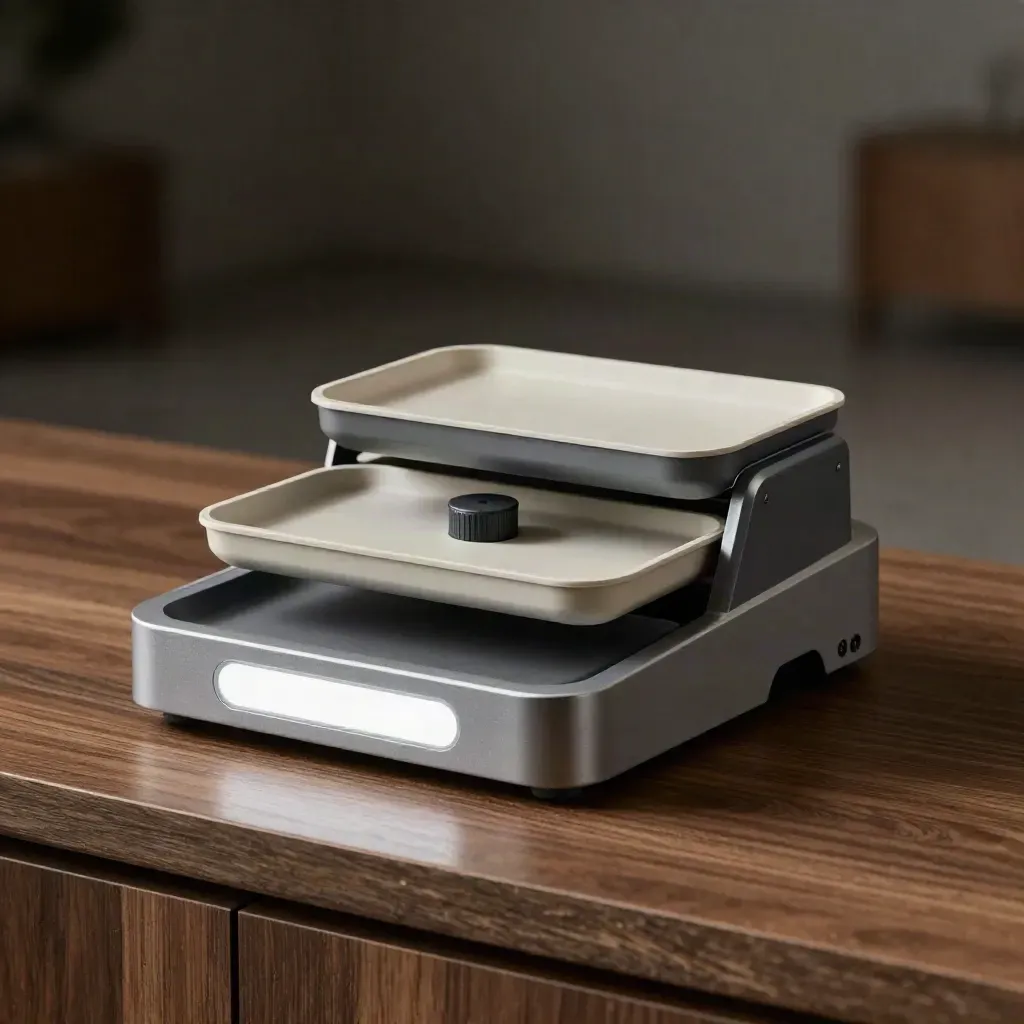 Modular support triage hub with three trays and a routing puck on a walnut pedestal.