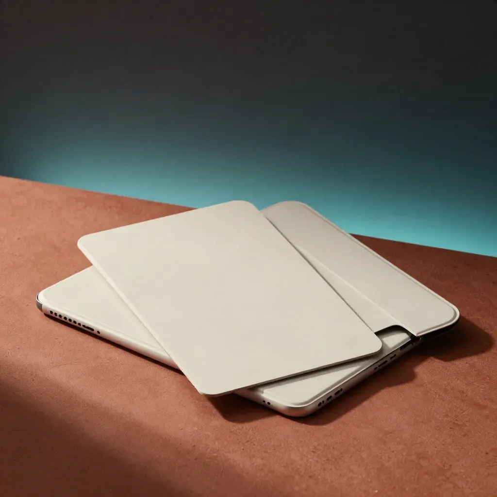 Oblique hero shot of blank cards, tablet shell, and sleeve on terracotta with cyan rim light