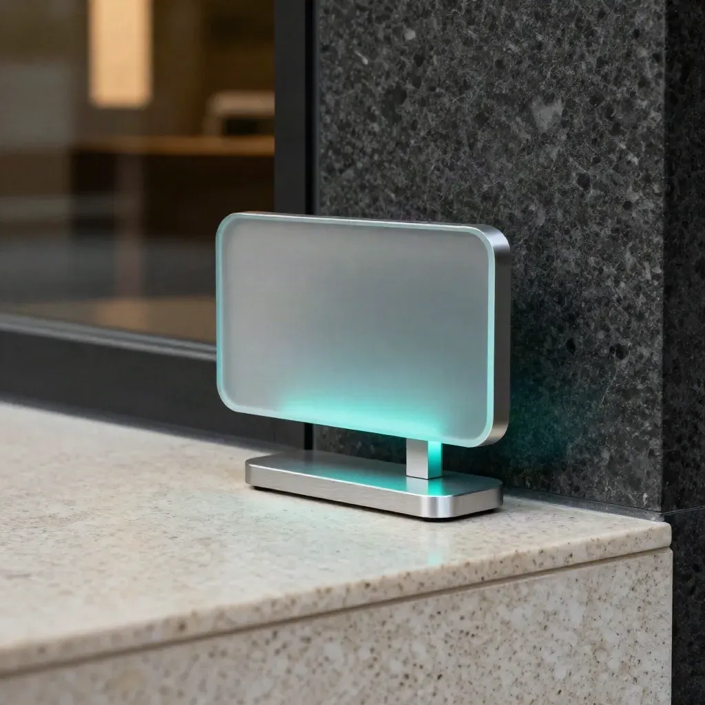 Slim wall-mounted chat widget hero with dock and adapter on travertine, softly glowing cyan.