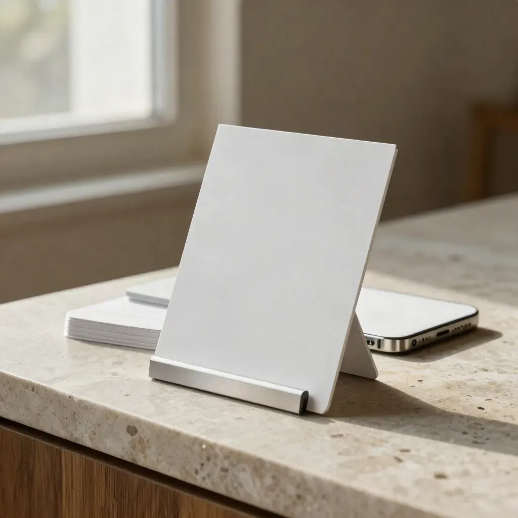 Frosted lead-capture card stack on a stone ledge with a phone slab, softly lit and hazy.