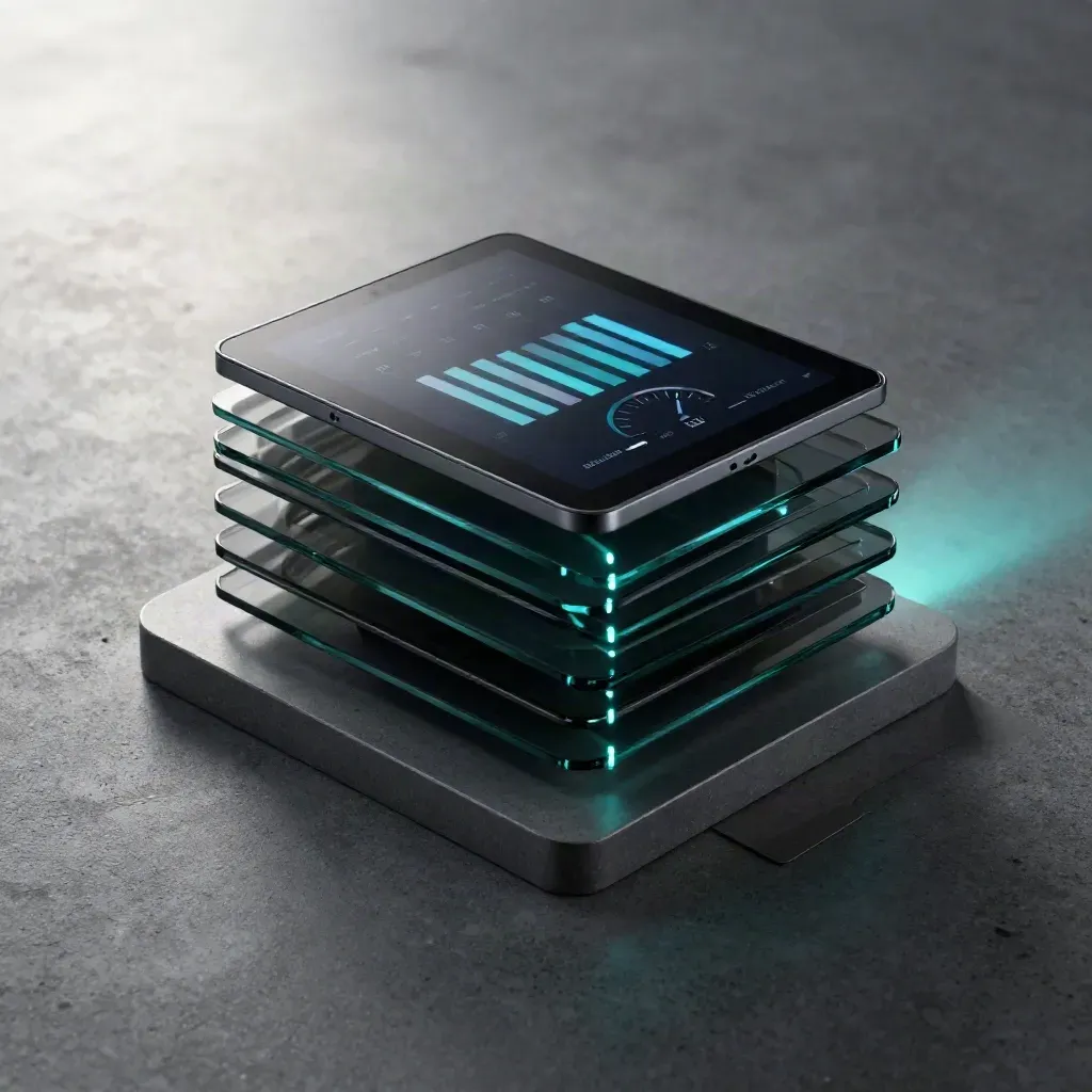 Smoked glass analytics kit with tablet and dial on a graphite plinth, glowing cyan
