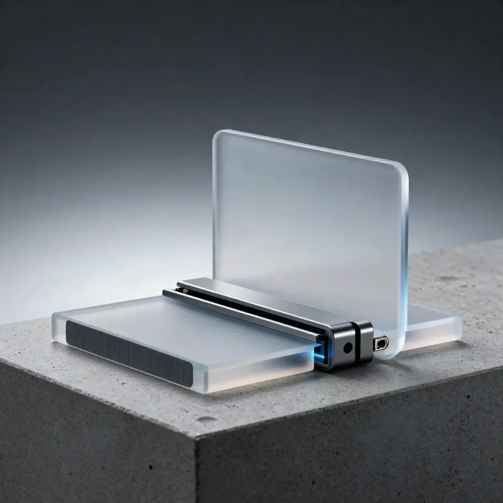 Mirrored CRM sync tiles locking into a gateway cradle on cool concrete with mist.