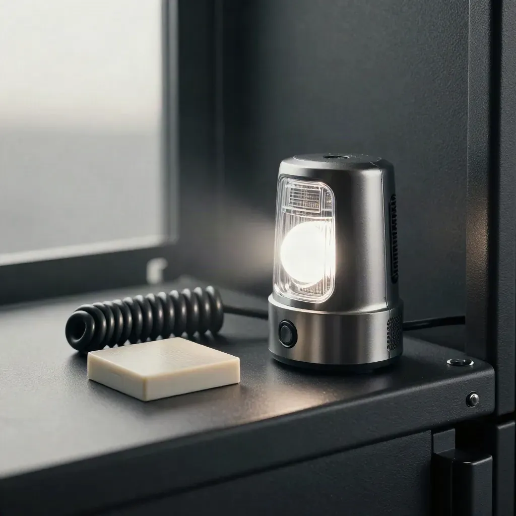 Macro side view of a blinking alert beacon, relay tile, and coiled cable on a dark shelf.