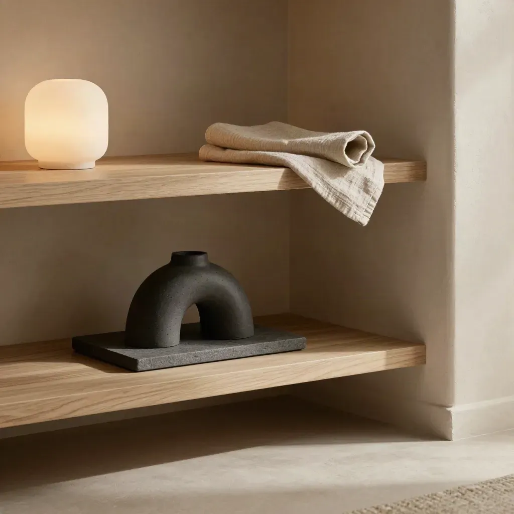 Warm modern interior corner with oak shelves, frosted lamp glow, and a quiet ceramic form.